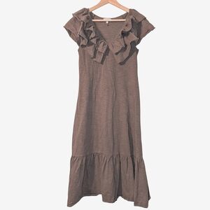 Sedge Cotton Ruffle Short Sleeve Brown V Neck Boho Neutral Casual Midi Dress